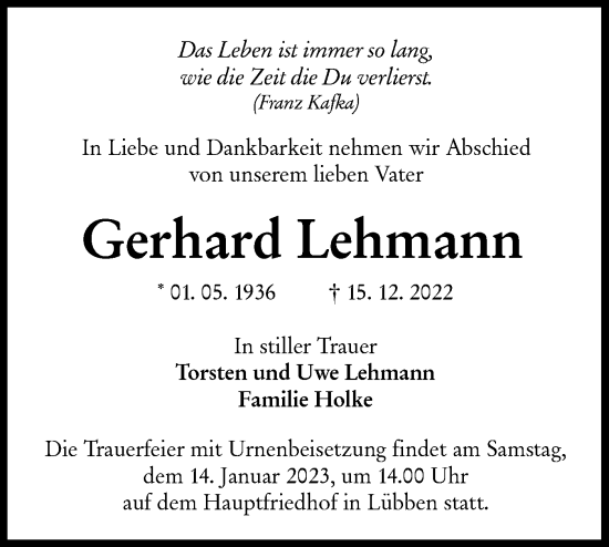Traueranzeige von Gerhard Lehmann von lausitzer_rundschau