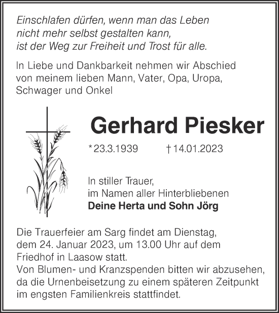 Traueranzeige von Gerhard Piesker von Lausitzer Rundschau