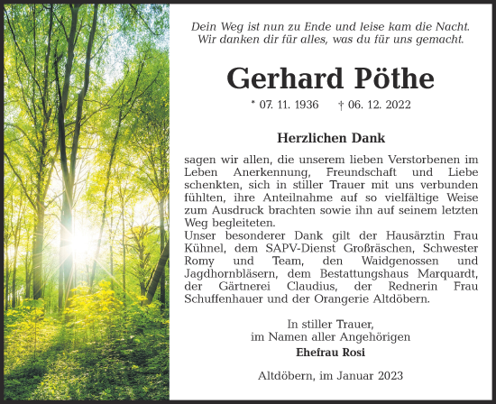 Traueranzeige von Gerhard Pöthe von Lausitzer Rundschau
