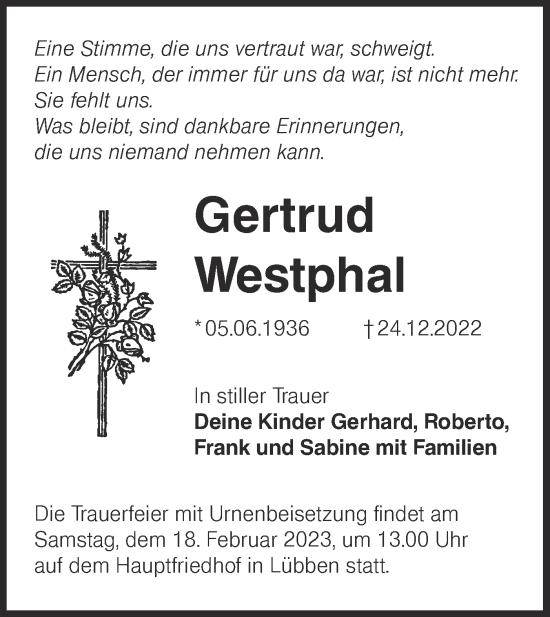 Traueranzeige von Gertrud Westphal von lausitzer_rundschau