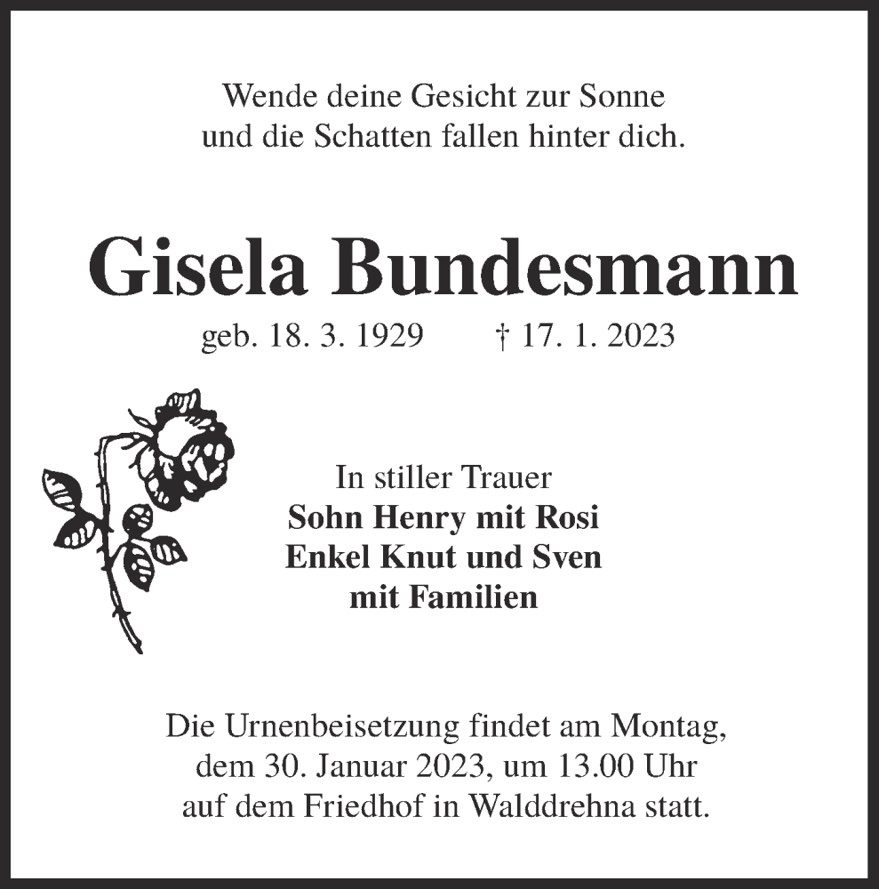  Traueranzeige für Gisela Bundesmann vom 21.01.2023 aus Lausitzer Rundschau