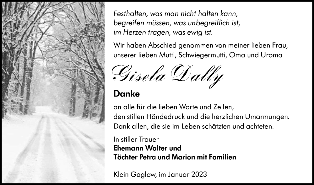  Traueranzeige für Gisela Dally vom 28.01.2023 aus Lausitzer Rundschau