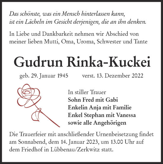 Traueranzeige von Gudrun Rinka-Kuckei von lausitzer_rundschau