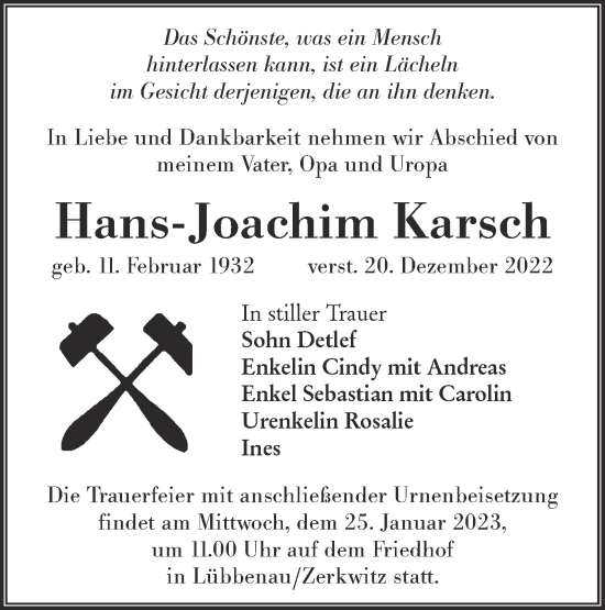 Traueranzeige von Hans-Joachim Karsch von Lausitzer Rundschau