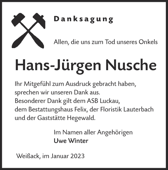 Traueranzeige von Hans-Jürgen Nusche von Lausitzer Rundschau
