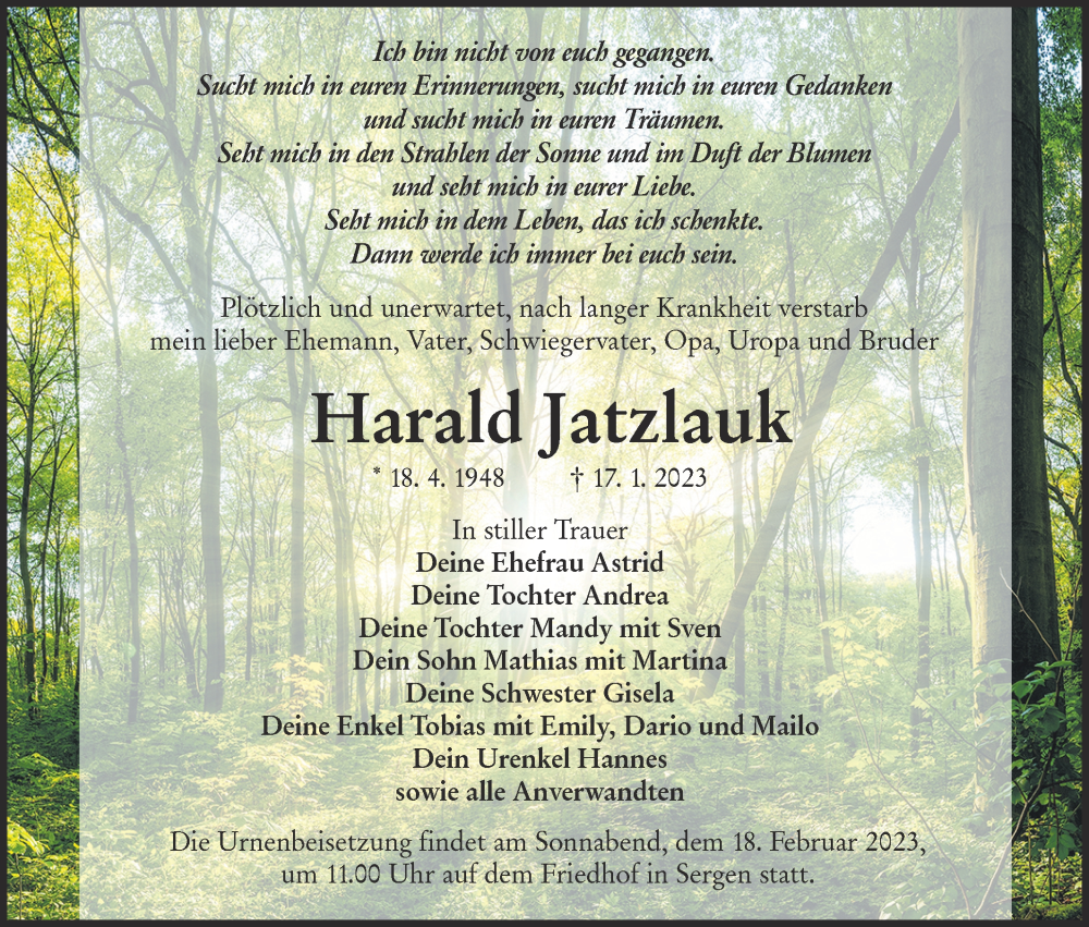  Traueranzeige für Harald Jatzlauk vom 21.01.2023 aus Lausitzer Rundschau
