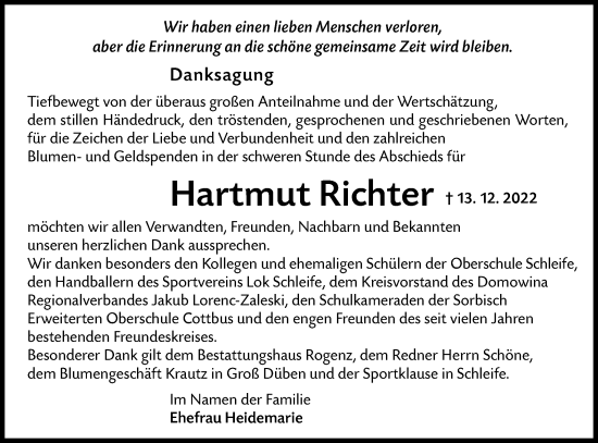 Traueranzeige von Hartmut Richter von Lausitzer Rundschau