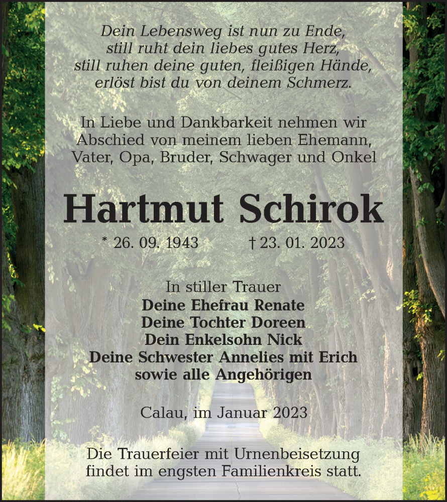  Traueranzeige für Hartmut Schirok vom 28.01.2023 aus Lausitzer Rundschau