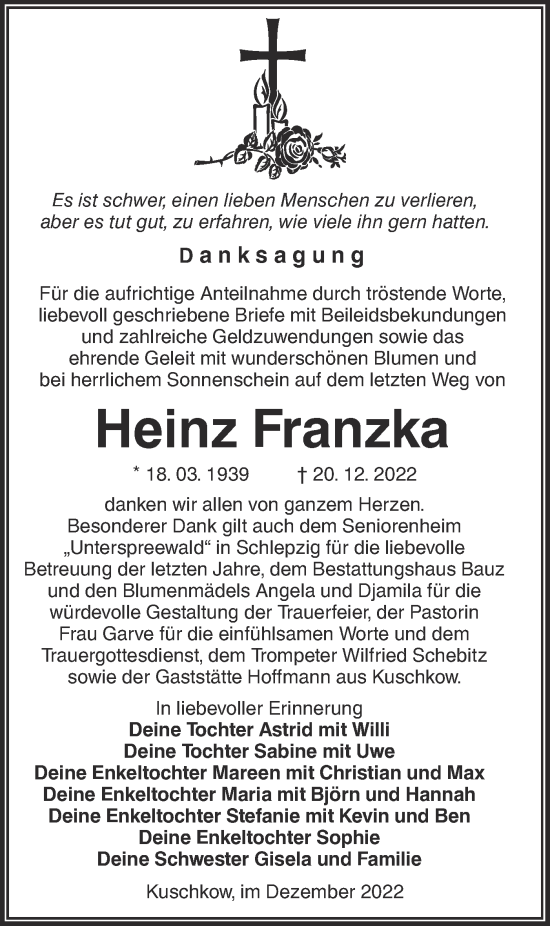 Traueranzeige von Heinz Franzka von Lausitzer Rundschau