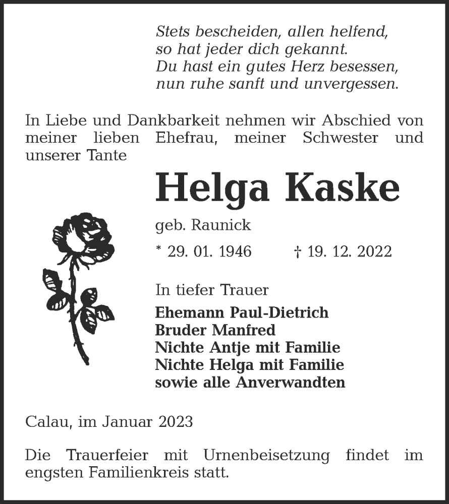  Traueranzeige für Helga Kaske vom 21.01.2023 aus Lausitzer Rundschau
