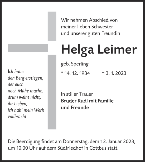 Traueranzeige von Helga Leimer von lausitzer_rundschau