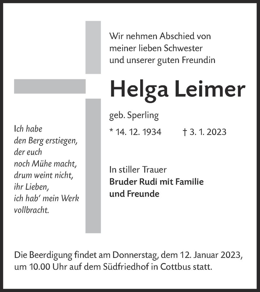  Traueranzeige für Helga Leimer vom 07.01.2023 aus lausitzer_rundschau