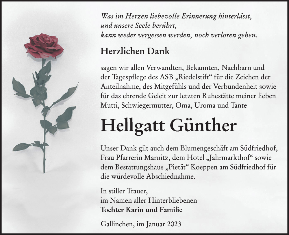  Traueranzeige für Hellgatt Günther vom 14.01.2023 aus Lausitzer Rundschau