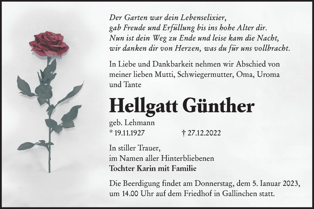  Traueranzeige für Hellgatt Günther vom 02.01.2023 aus lausitzer_rundschau
