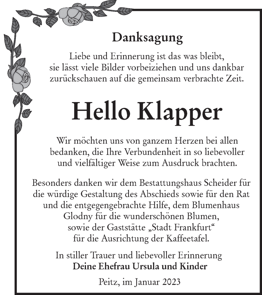  Traueranzeige für Hello Klapper vom 28.01.2023 aus Lausitzer Rundschau