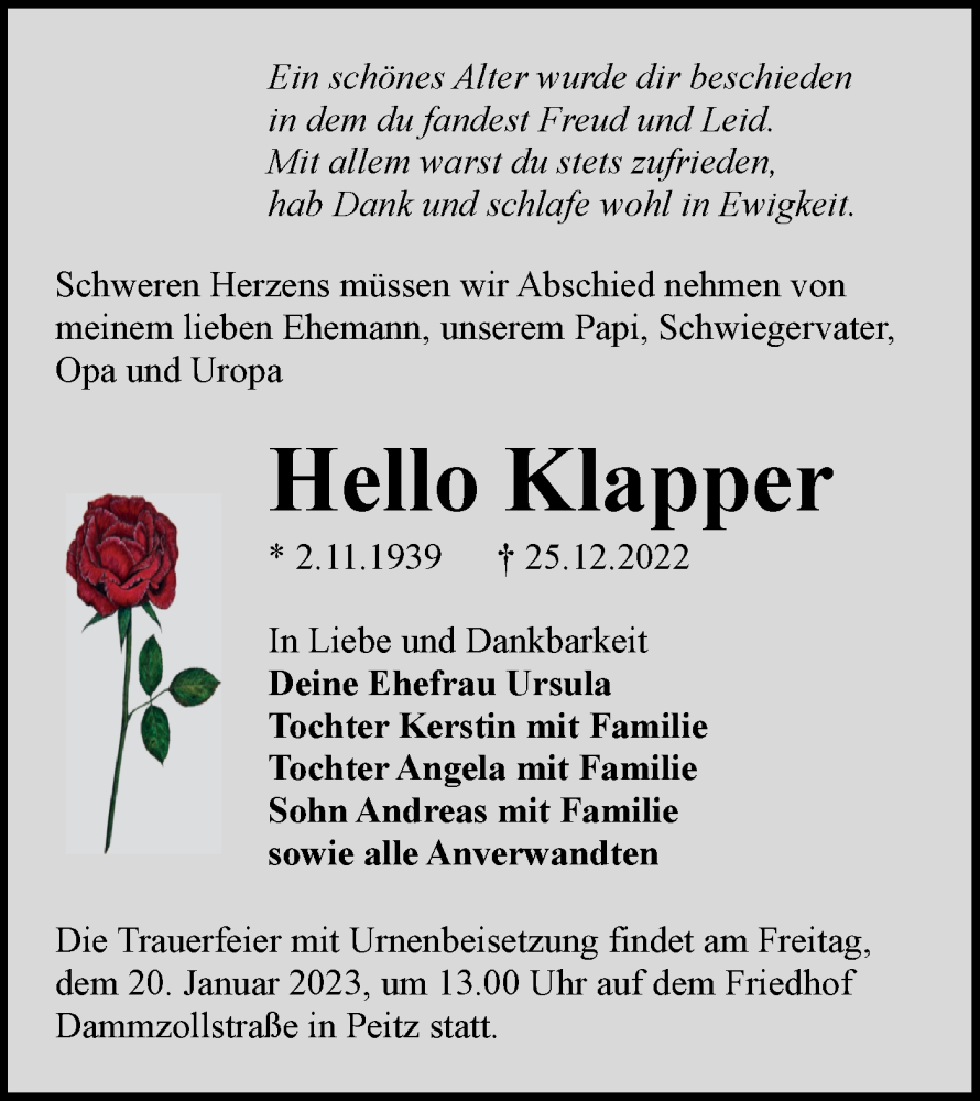  Traueranzeige für Hello Klapper vom 07.01.2023 aus lausitzer_rundschau