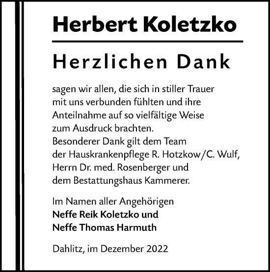 Traueranzeige von Herbert Koletzko von lausitzer_rundschau