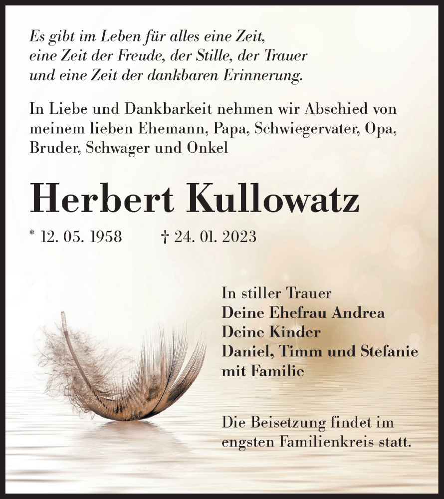  Traueranzeige für Herbert Kullowatz vom 28.01.2023 aus Lausitzer Rundschau