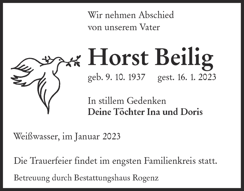  Traueranzeige für Horst Beilig vom 21.01.2023 aus Lausitzer Rundschau