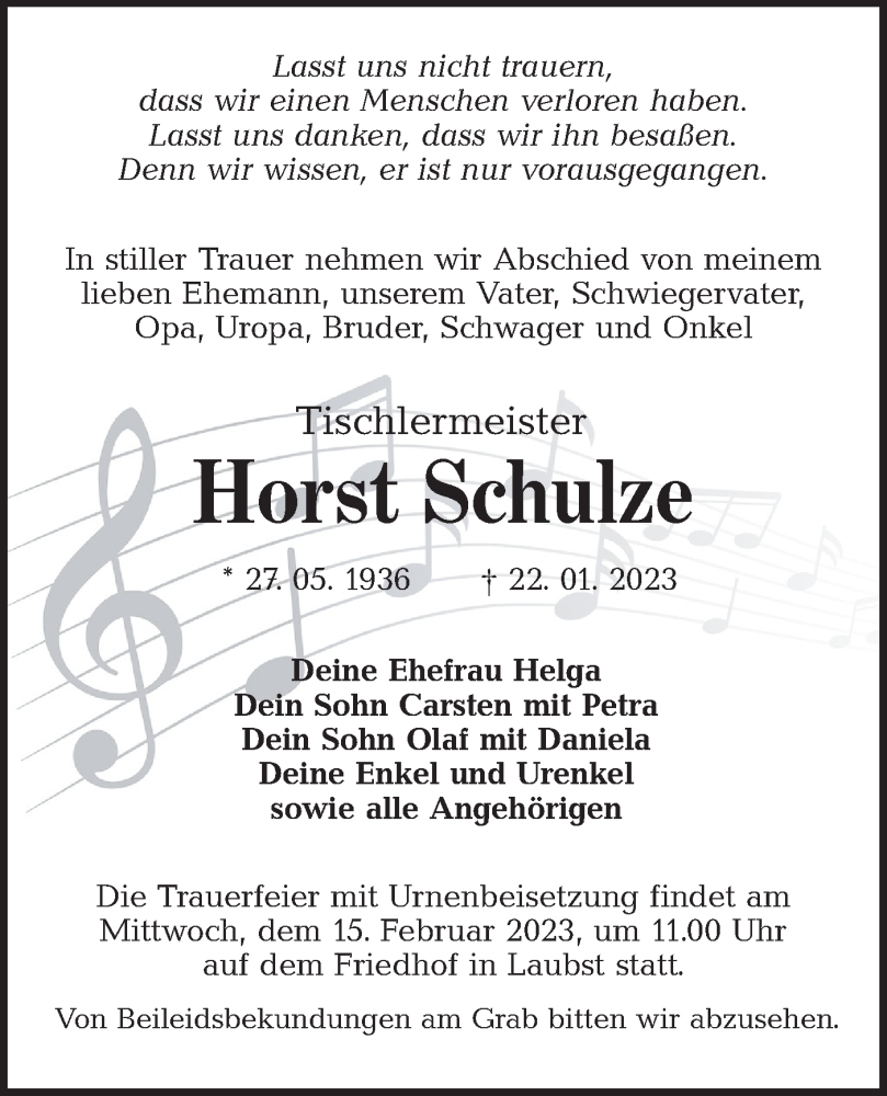  Traueranzeige für Horst Schulze vom 28.01.2023 aus Lausitzer Rundschau