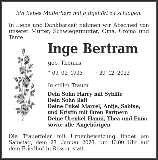 Traueranzeige von Inge Bertram von Lausitzer Rundschau