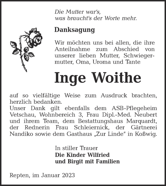 Traueranzeige von Inge Woithe von Lausitzer Rundschau