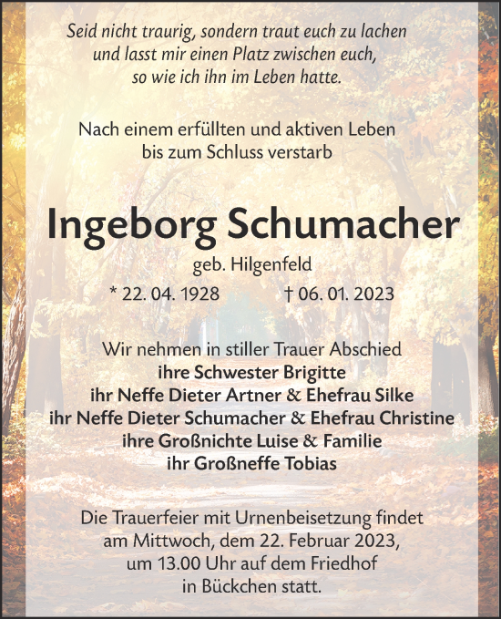 Traueranzeige von Ingeborg Schumacher von Lausitzer Rundschau