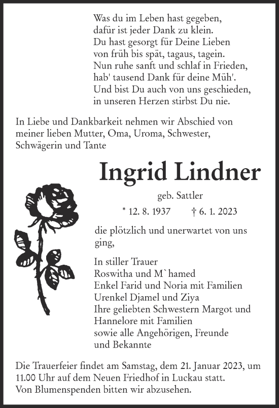 Traueranzeige von Ingrid Lindner von Lausitzer Rundschau