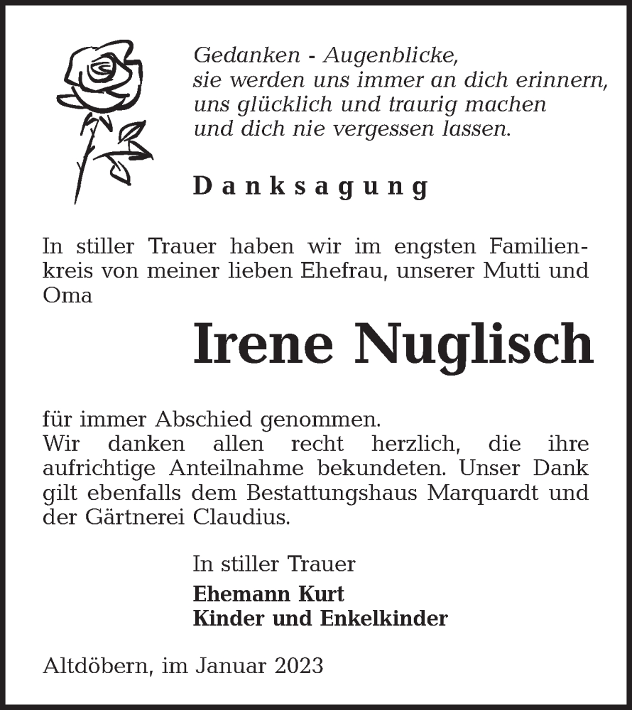  Traueranzeige für Irene Nuglisch vom 28.01.2023 aus Lausitzer Rundschau