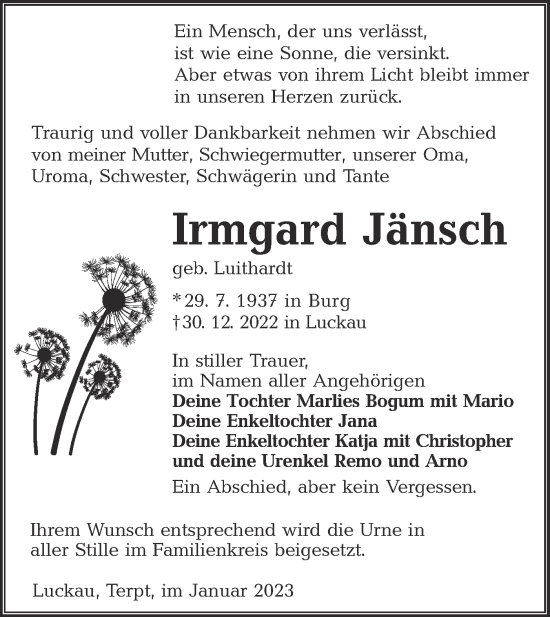 Traueranzeige von Irmgard Jänsch von lausitzer_rundschau