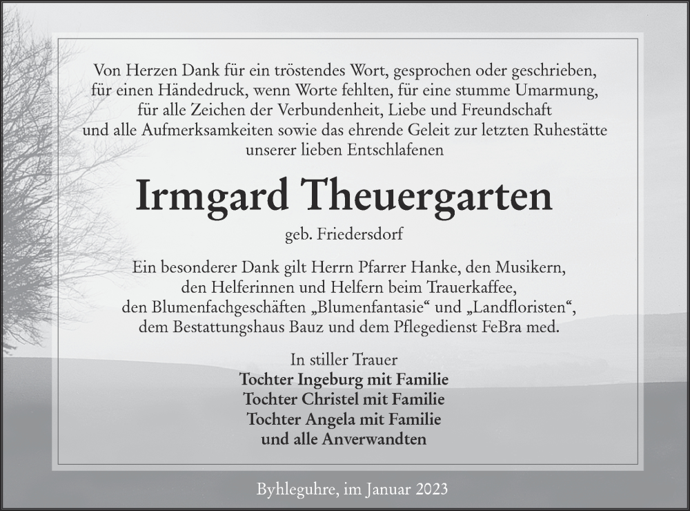  Traueranzeige für Irmgard Theuergarten vom 14.01.2023 aus Lausitzer Rundschau