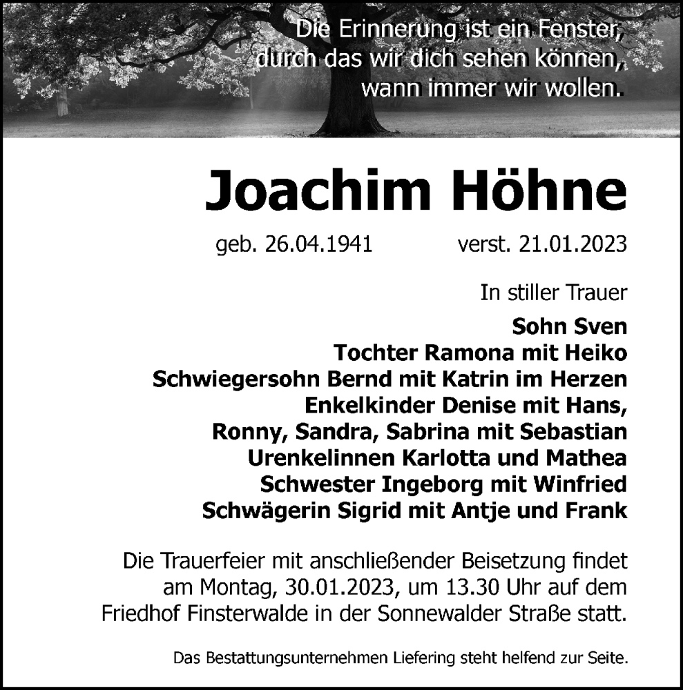  Traueranzeige für Joachim Höhne vom 25.01.2023 aus Lausitzer Rundschau