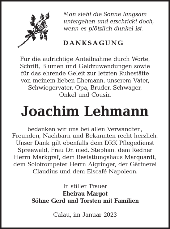 Traueranzeige von Joachim Lehmann von Lausitzer Rundschau