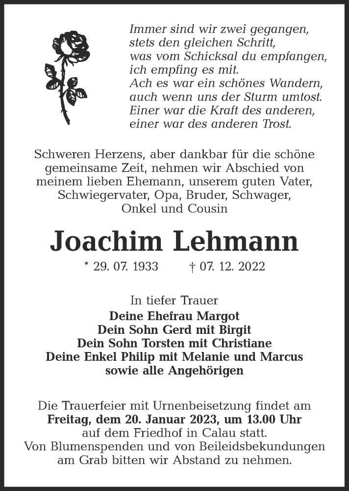  Traueranzeige für Joachim Lehmann vom 06.01.2023 aus lausitzer_rundschau