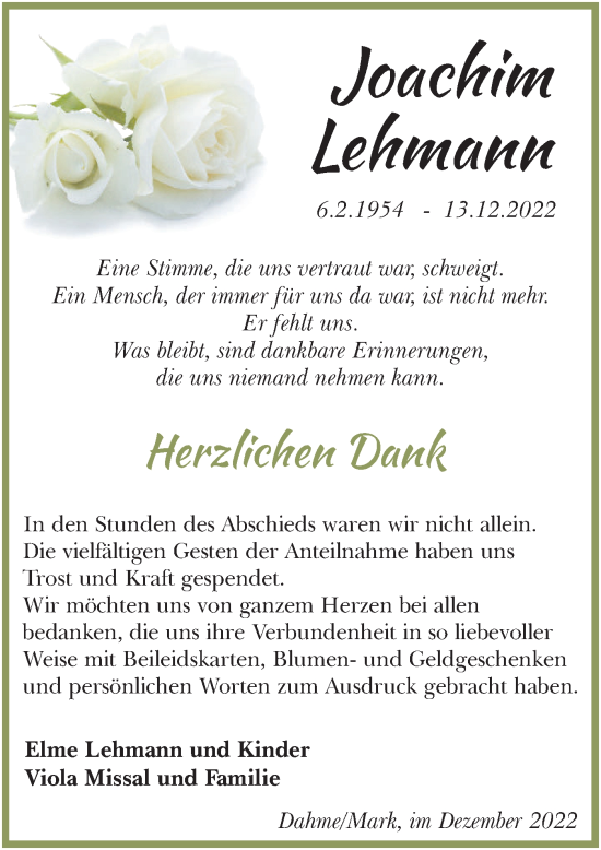 Traueranzeige von Joachim Lehmann von Lausitzer Rundschau
