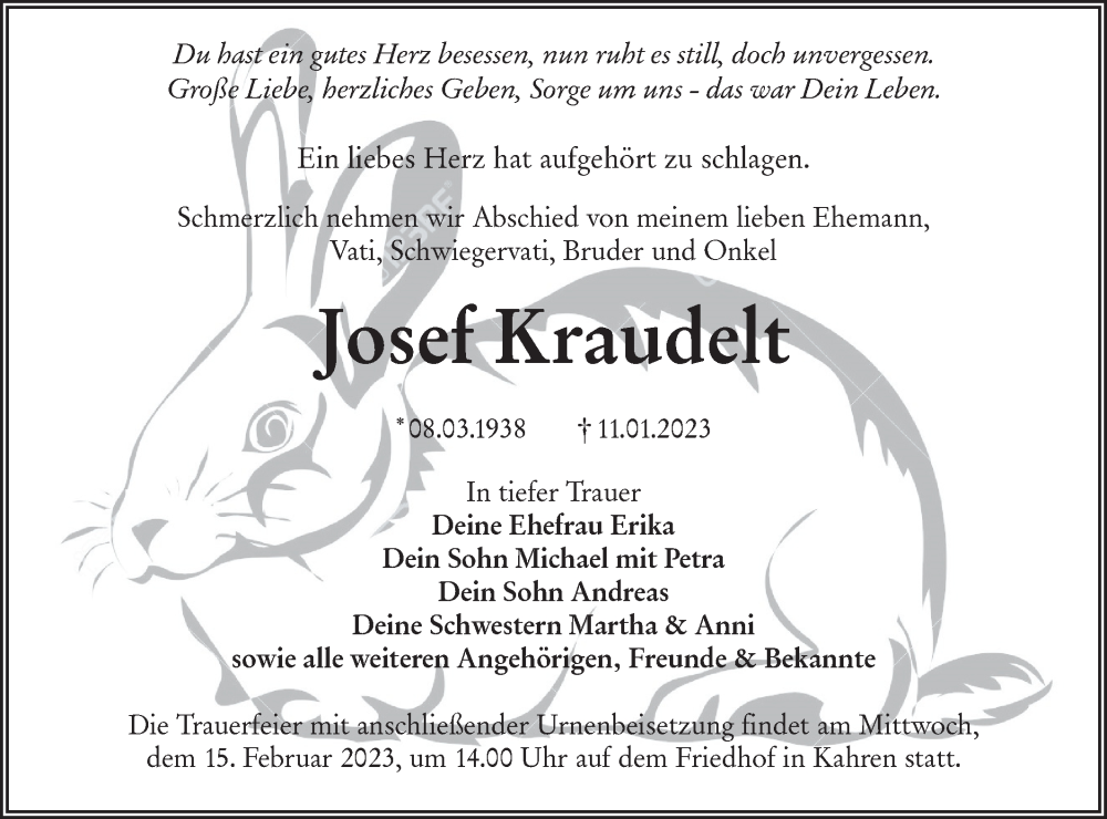  Traueranzeige für Josef Kraudelt vom 28.01.2023 aus Lausitzer Rundschau