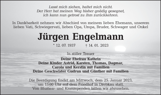 Traueranzeige von Jürgen Engelmann von Lausitzer Rundschau