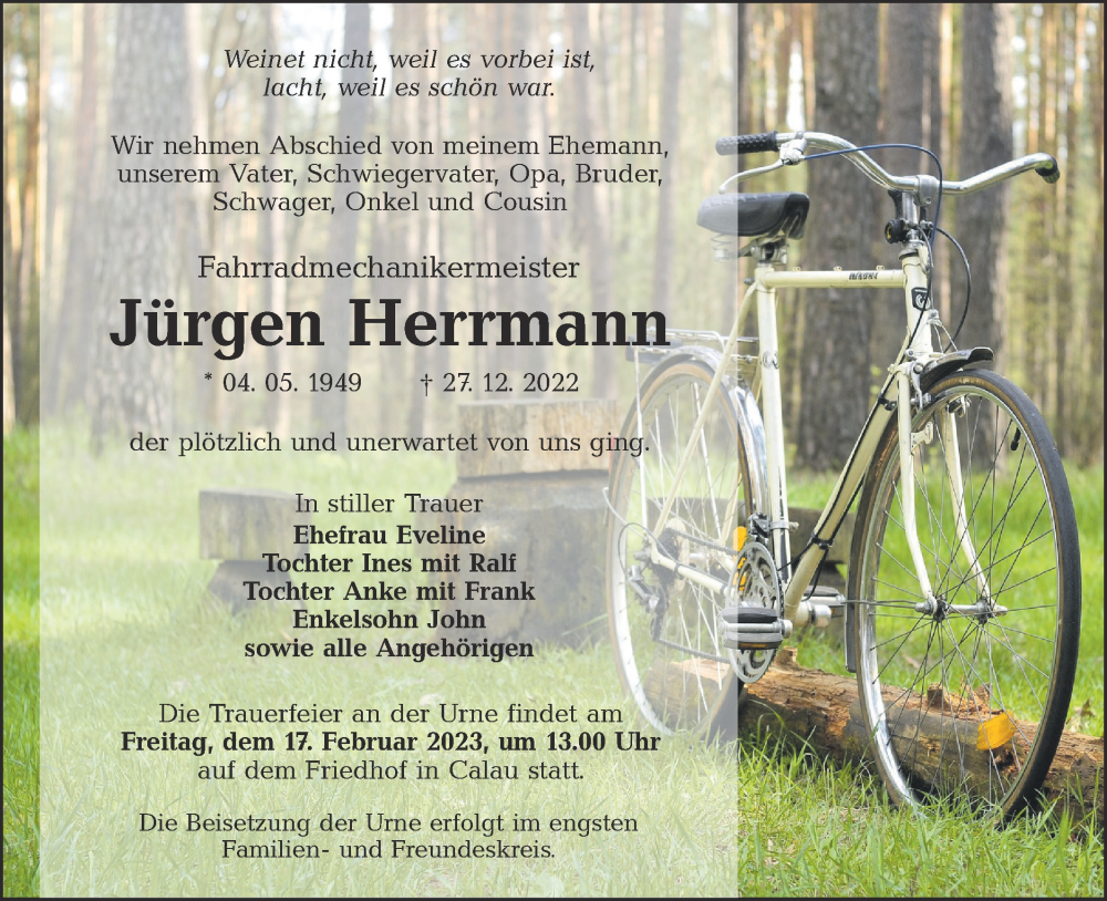 Traueranzeige für Jürgen Herrmann vom 14.01.2023 aus Lausitzer Rundschau