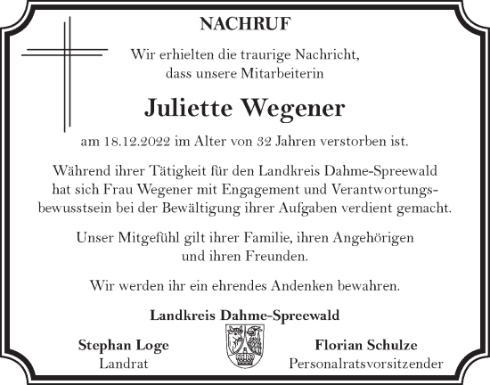 Traueranzeige von Juliette Wegener von lausitzer_rundschau