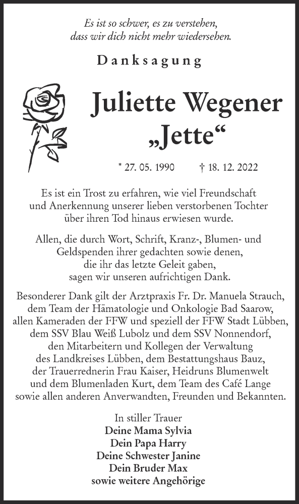  Traueranzeige für Juliette Wegener vom 21.01.2023 aus Lausitzer Rundschau