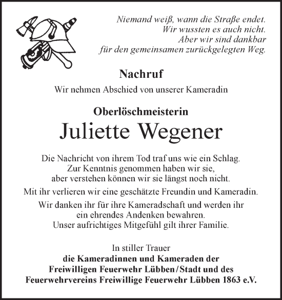 Traueranzeige von Juliette Wegener von Lausitzer Rundschau