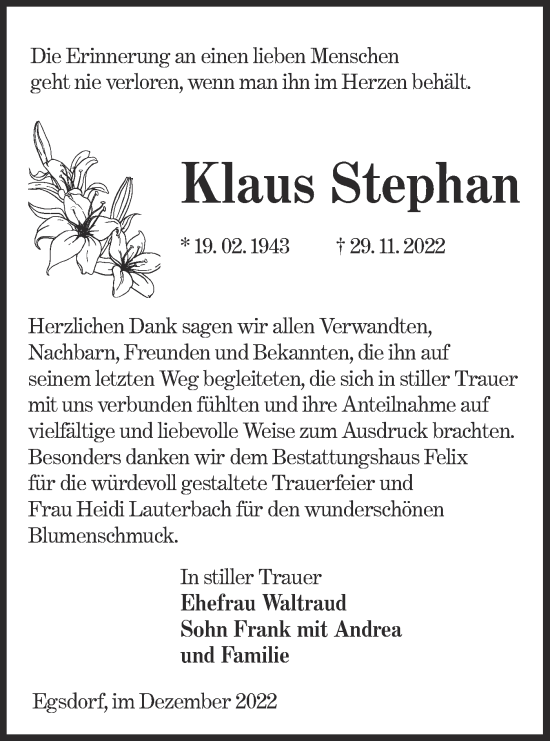 Traueranzeige von Klaus Stephan von lausitzer_rundschau