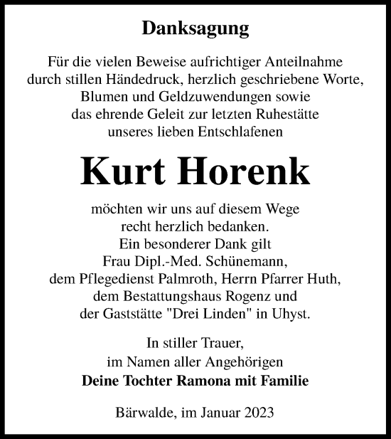 Traueranzeige von Kurt Horenk von Lausitzer Rundschau