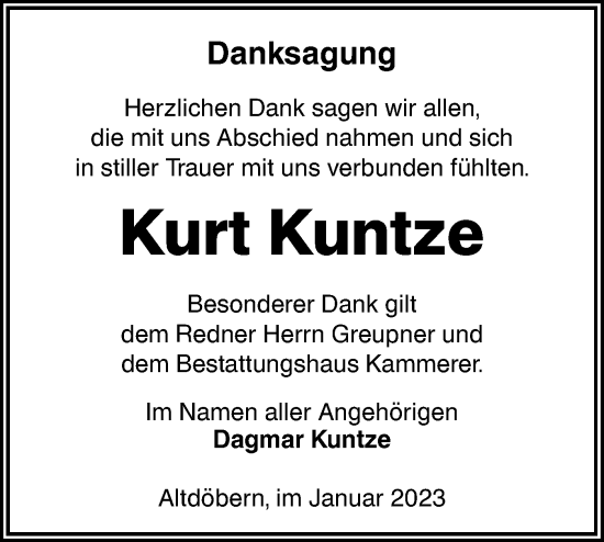 Traueranzeige von Kurt Kuntze von Lausitzer Rundschau