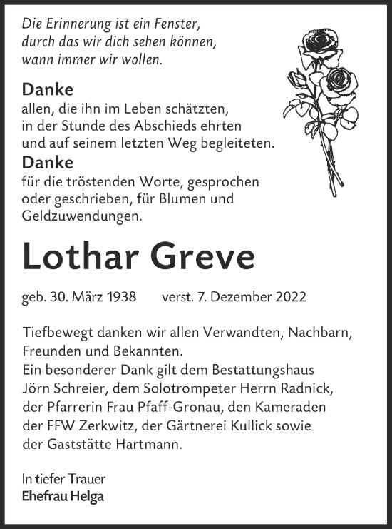 Traueranzeige von Lothar Greve von lausitzer_rundschau