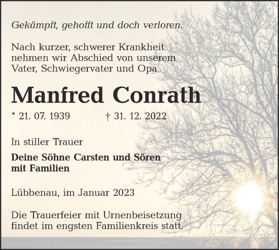 Traueranzeige von Manfred Conrath von Lausitzer Rundschau