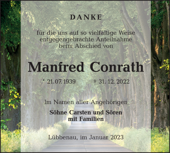 Traueranzeige von Manfred Conrath von Lausitzer Rundschau