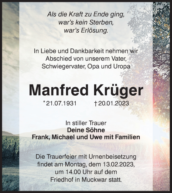 Traueranzeige von Manfred Krüger von Lausitzer Rundschau