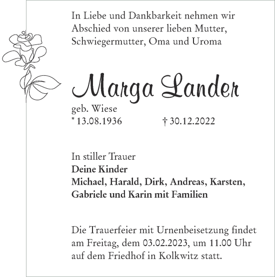 Traueranzeige von Marga Lander von Lausitzer Rundschau