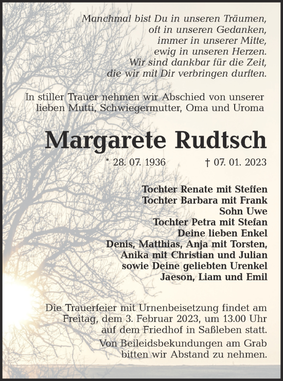 Traueranzeige von Margarete Rudtsch von Lausitzer Rundschau